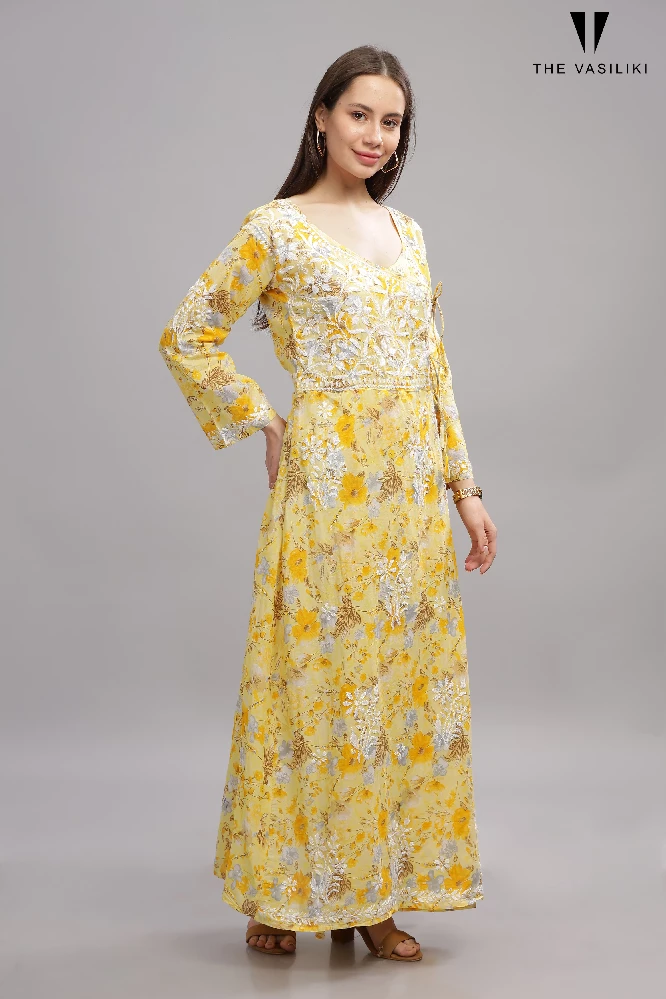 Flowery Yellow Mulmul Cotton Anarkali Gown with White Chikankari Embroidery-3.webp